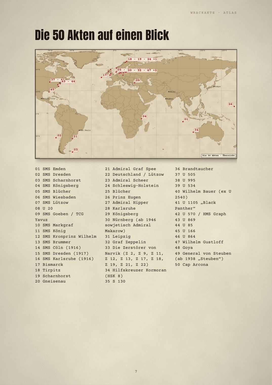 Atlas-Seite „Die 50 Akten auf einen Blick“ mit Weltkarte
